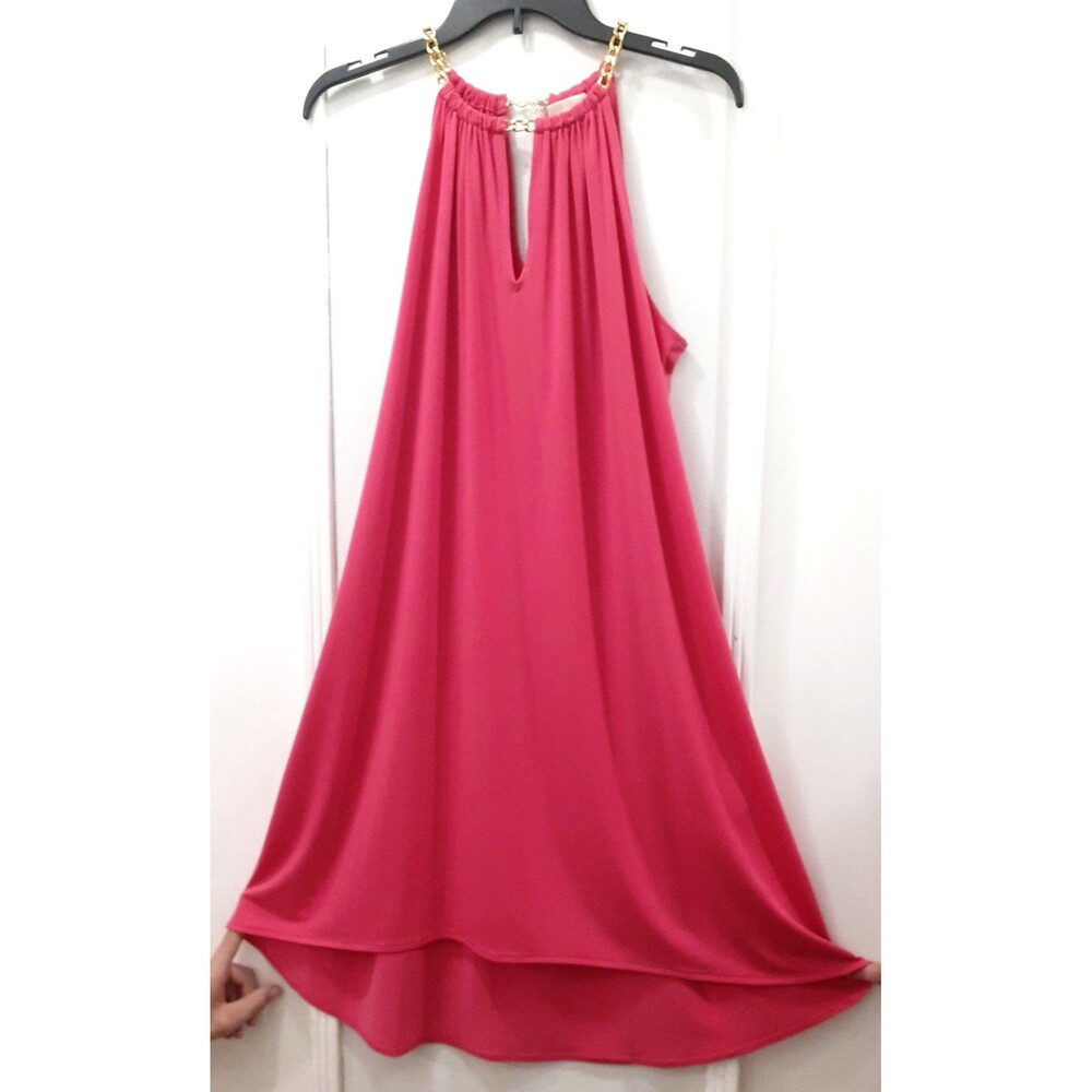 Michael Kors Hot Pink Dress SZ Lrg Halter with Gold Chain Neckline Chic Elegant - Picture 1 of 11
